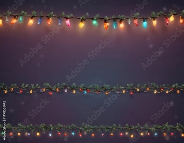 Fototapeta Retro Christmas string lights border, colorful seamless vector pattern , twinkle, festive, happy new year