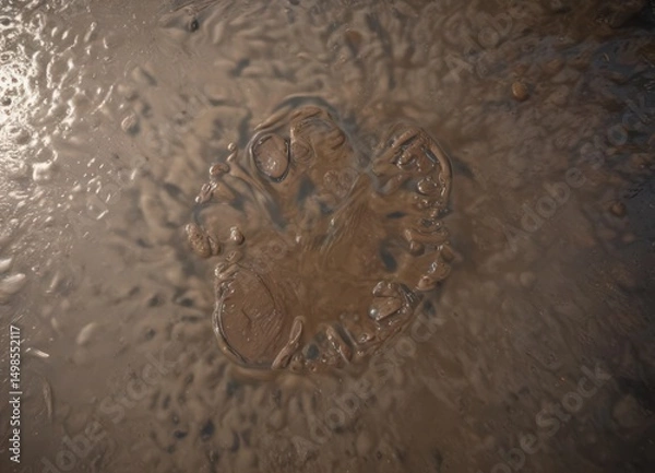 Obraz A single muddy footprint sinks into the still pool water, creating a ripple and reflection , sharp, splash, mud