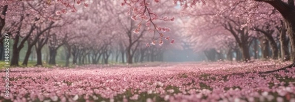 Obraz Delicate pink sakura petals drift against a soft-focus backdrop of blossoming cherry trees ,  dreamy,  falling,  delicate petals