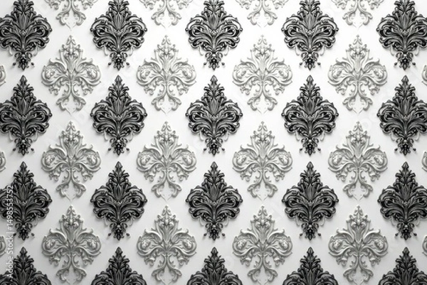 Fototapeta Symmetrical damask pattern with arabesque motifs in grayscale , home, damask, ornamental