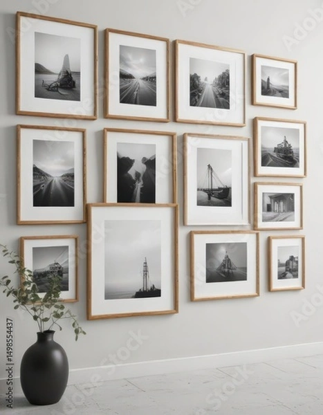 Obraz Gallery wall mockup; various sized frames, white background,  background,  rustic