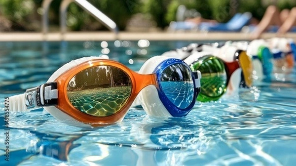 Fototapeta Colorful swim goggles floating in a pool.  Close-up view of various colored goggles on water surface.  Reflecting the pool environment
