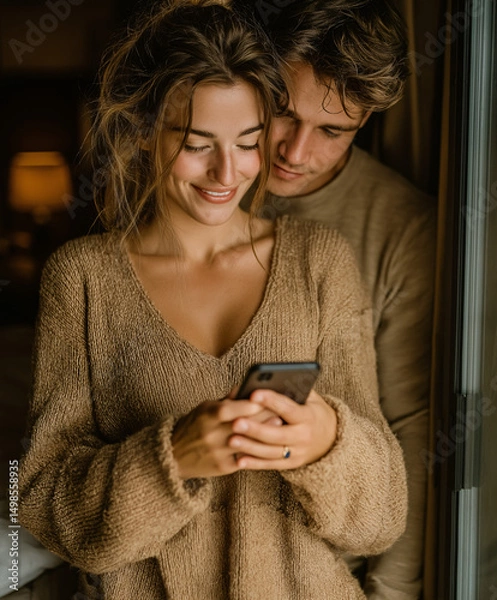 Fototapeta Beautiful smiling young couple looking at mobile phone together. Happy young couple using smartphone