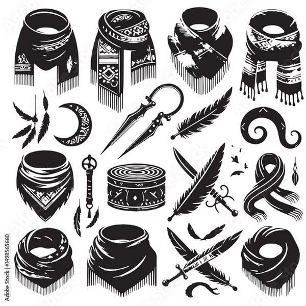 Fototapeta Black Color Scarf Silhouette Vector Illustration, Solid White Background. minimal vector design