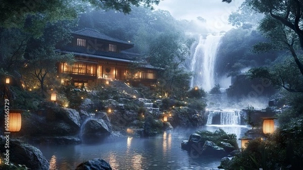 Fototapeta A cozy Japanese retreat built beside a waterfall, soft spray misting the air, glowing lanterns lighting the approach path, wide-angle harmonious hideaway  