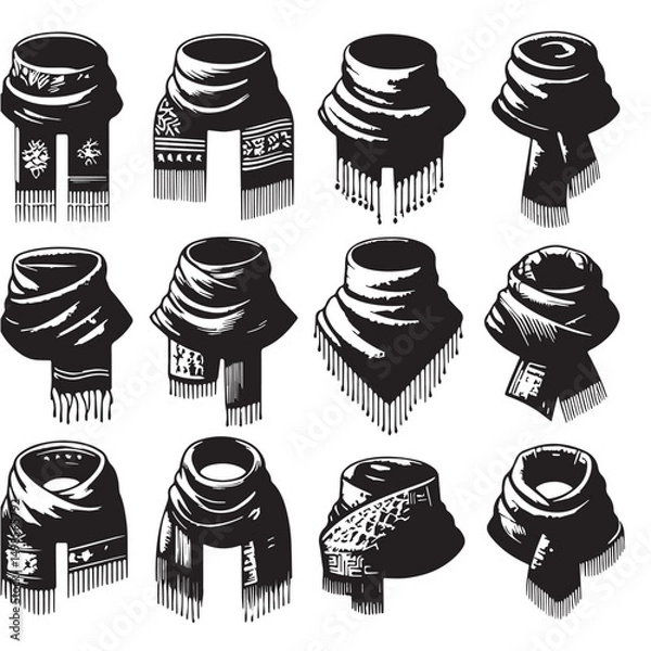 Fototapeta Black Color Scarf Silhouette Vector Illustration, Solid White Background. minimal vector design