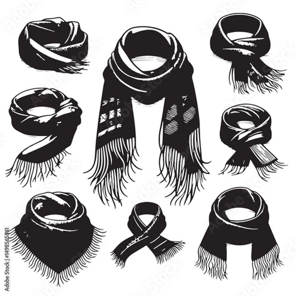 Fototapeta Black Color Scarf Silhouette Vector Illustration, Solid White Background. minimal vector design
