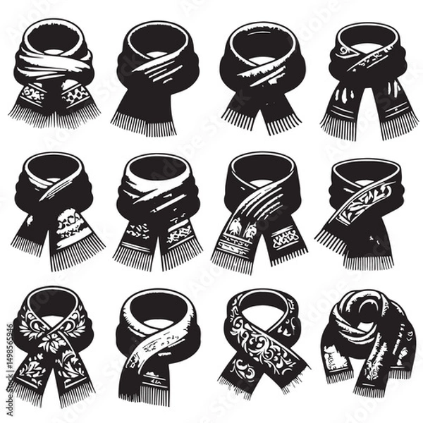 Fototapeta Black Color Scarf Silhouette Vector Illustration, Solid White Background. minimal vector design