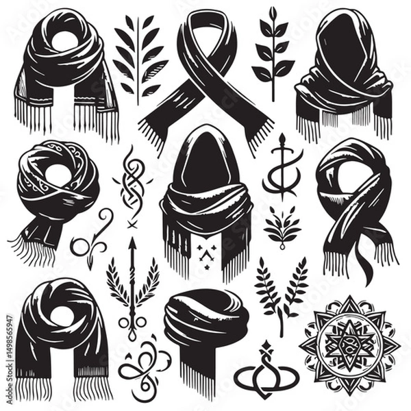 Fototapeta Black Color Scarf Silhouette Vector Illustration, Solid White Background. minimal vector design