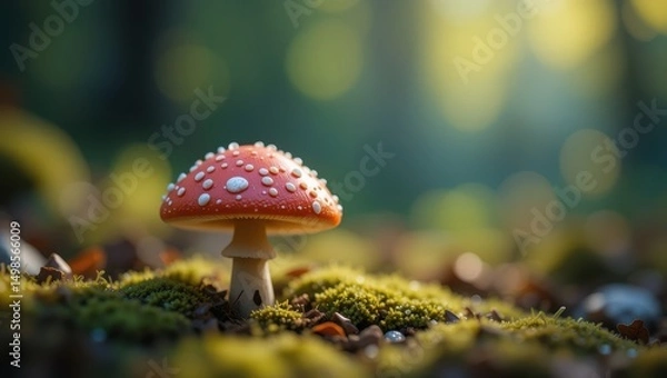 Fototapeta Vibrant Red Mushroom with Dewdrops Surrounded by Green Moss in a Sunlit Forest