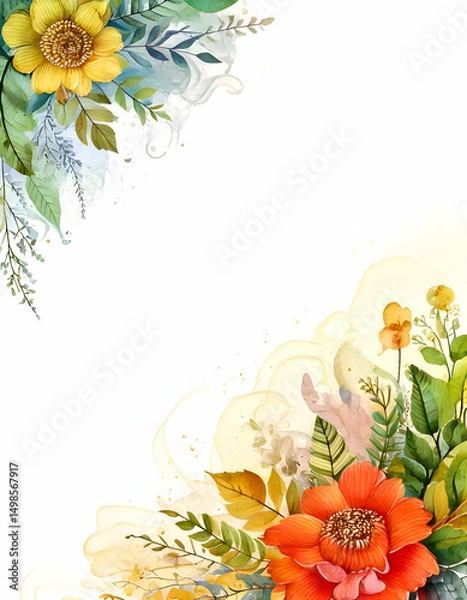Obraz Floral design featuring colorful flowers and greenery on a white background.
