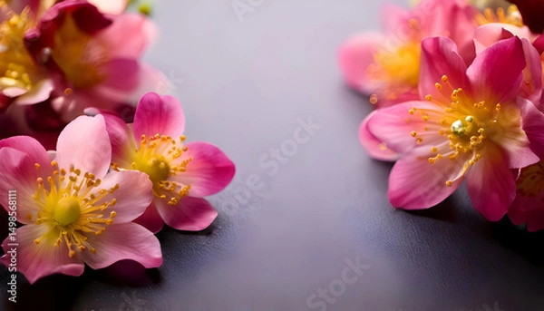 Obraz A close-up of pink flowers with yellow stamens on a dark surface.