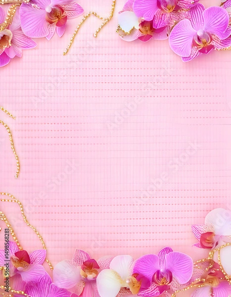 Obraz A decorative pink background framed with vibrant orchids and golden accents.