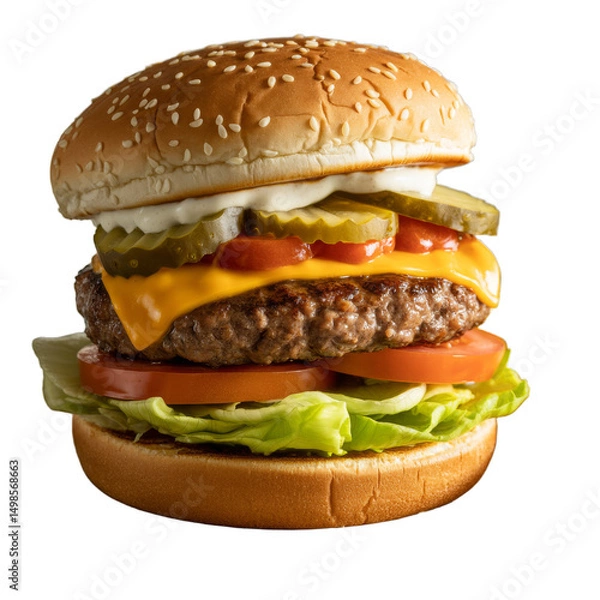 Fototapeta Juicy cheeseburger with pickles and sesame bun