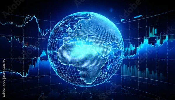 Fototapeta A digital globe with data visualizations representing global finance and analytics.