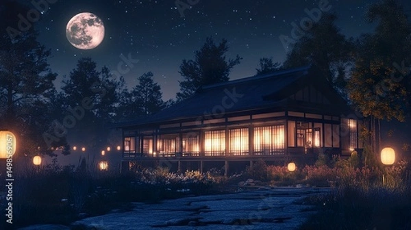 Fototapeta A nighttime view of a Japanese house with lanterns glowing across the veranda, silhouettes of trees against moonlit sky 