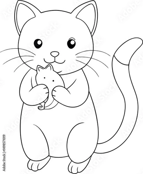 Fototapeta Monochrome kitty lovingly holds a smaller cat in its paws, outlining a tender cartoon moment