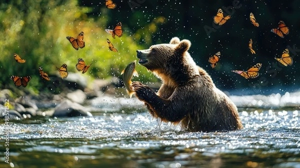 Fototapeta A bear catching fish in a river surrounded by butterflies
