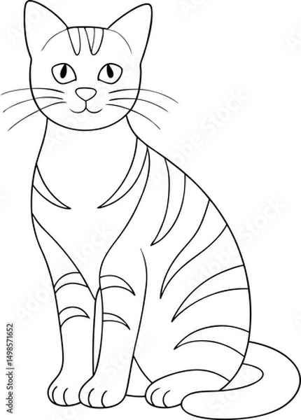 Fototapeta Outlined cartoon cat with stripes sits upright, looking directly forward, on transparent background