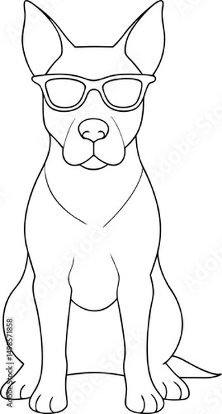 Fototapeta Outlined cool dog wearing sunglasses is sitting and facing forward with transparent background