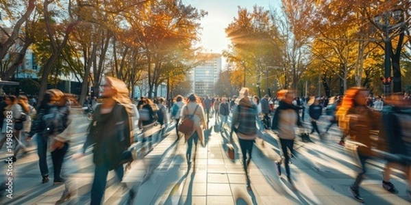 Fototapeta Motion blur of a large diverse crowd walking at academy on sunny day. Urban lifestyle and public space concept. The long exposure photography of teenagers or academic student going to school. AIG55.