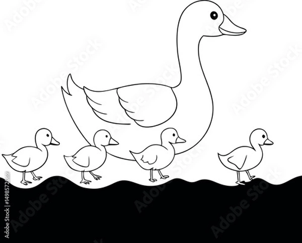 Fototapeta Outlined goose with four goslings are floating in water on transparent background