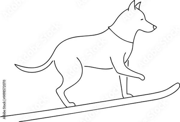 Fototapeta Outlined dog with collar skis forward, displaying a minimalist winter adventure on white