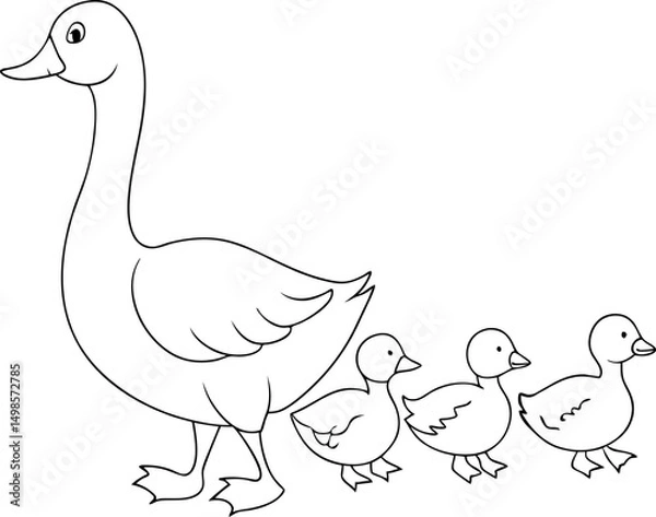 Fototapeta Outlined mother duck leads her three cute ducklings in a single file