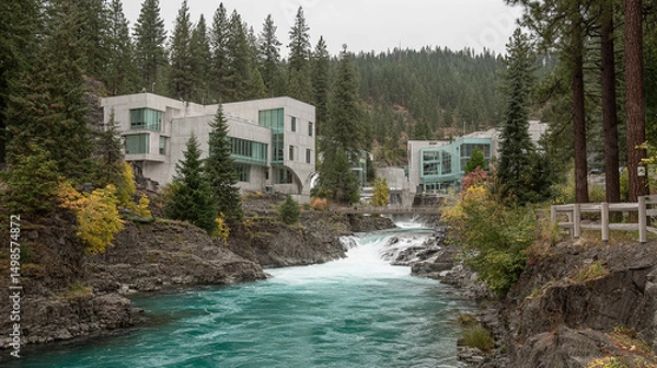 Obraz Modern Architecture Building by Riverfront with Lush Greenery in Spokane Washington USA Landscape