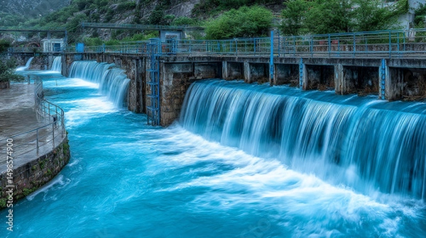 Obraz Hydroelectric Dam with Cascading Water in Pakistan A Powerful Display of Engineering and Natural Beauty