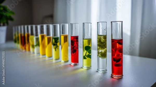 Obraz Laboratory Glassware Array with Colorful Liquid Samples on White Tabletop in Brightly Lit Scientific Setting