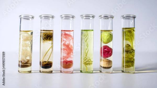 Obraz Botanical Specimens Preserved in Glass Tubes with Clear Liquid on White Background for Scientific Study