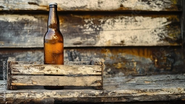 Fototapeta A beer bottle placed on a worn-out wooden crate in a barn