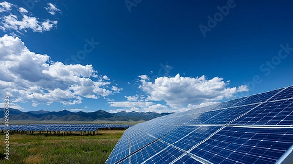 Obraz Expansive Solar Panel Array Under a Bright Blue Sky with Fluffy White Clouds in a Rural Landscape