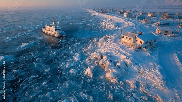 Obraz Arctic Coastal Village with Icebreaker Ship Navigating Frozen Waters in Winter Landscape
