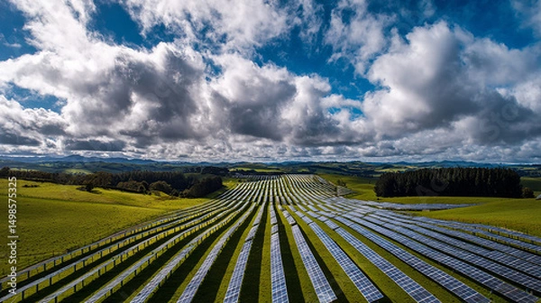 Obraz Extensive Solar Panel Array on Rolling Green Hills Under a Cloudy Sky in a Rural Setting