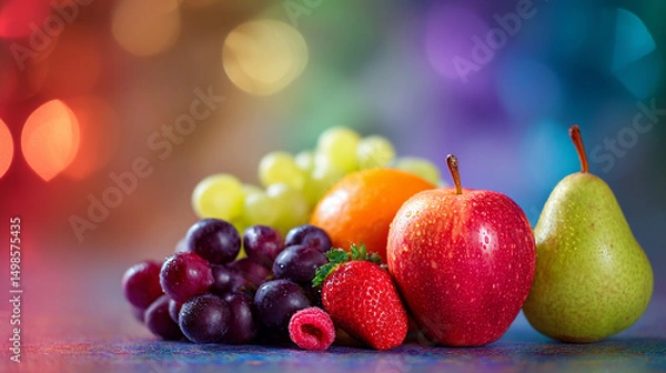Obraz Fresh Fruits Still Life with Apple Pear Grapes Strawberry and Orange on Colorful Bokeh Background