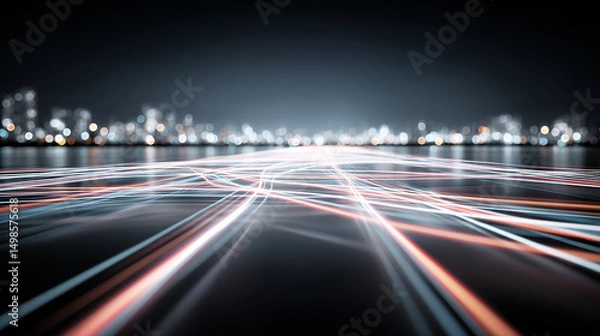 Obraz Blurred Light Trails Leading to a Distant Cityscape at Night for High Speed Transportation