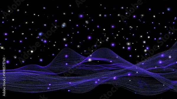Obraz Abstract Purple Landscape A Digital Rendering of Wavy Lines and Glowing Particles in a Dark Space