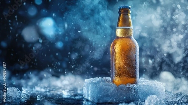 Fototapeta A beer bottle resting on an ice block with frozen mist