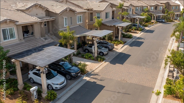 Obraz Residential Street with Solar Carports in Suburban Neighborhood Offering Shaded Parking and Renewable Energy