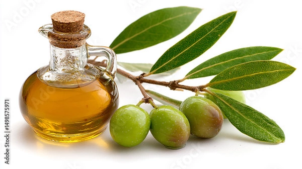 Obraz Olive Oil in Glass Bottle with Olives and Leaves on White Background for Culinary Use