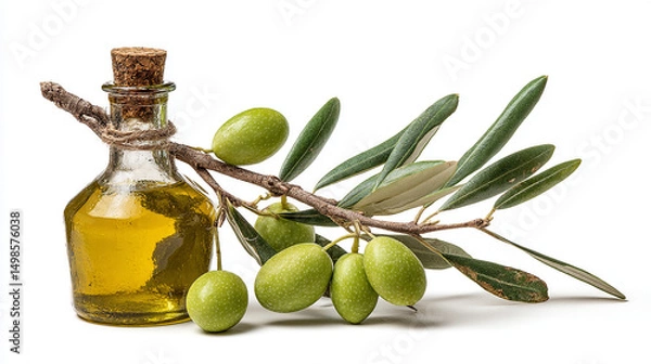 Obraz Olive Oil Bottle with Green Olives and Branch on White Background Still Life Photography Studio Shot