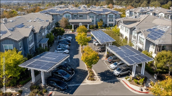 Obraz Apartment Complex with Solar Panel Carports Providing Shaded Parking and Renewable Energy in Sunny California