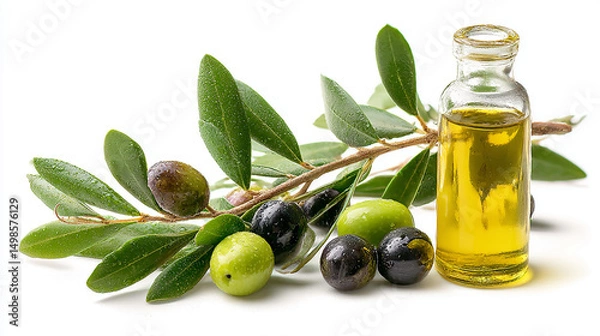 Obraz Olive Oil Bottle with Mixed Olives and Branch on White Background Still Life Photography Studio Shot