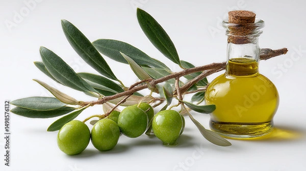 Obraz Olive Oil Bottle with Green Olives and Branch on White Background Still Life Photography Studio Shot