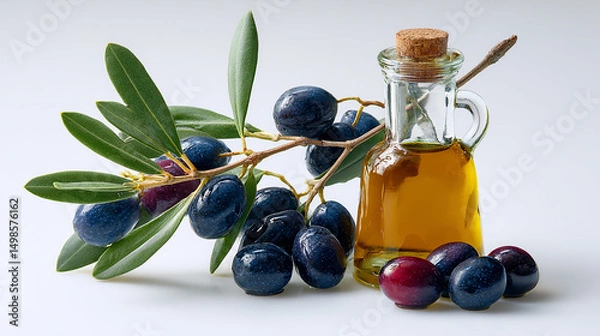 Obraz Fresh Olive Branch with Ripe Black Olives and a Glass Bottle of Olive Oil on a Clean White Background