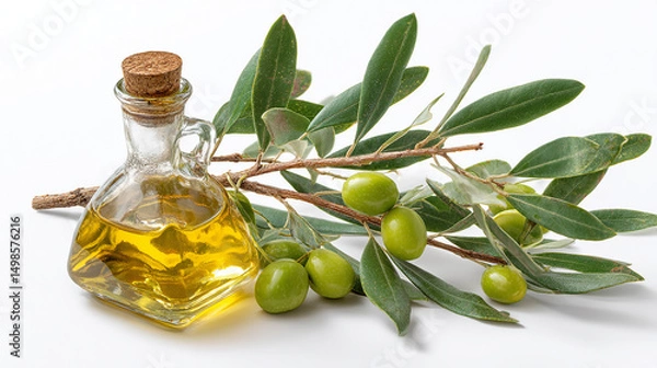 Obraz Olive Oil in a Glass Bottle with Green Olives and Olive Branch on a White Background for Healthy Eating