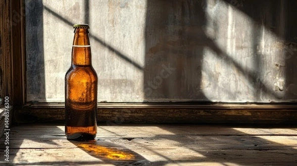 Fototapeta A beer bottle with dynamic shadows from a window pane