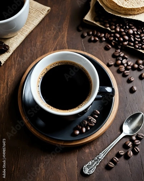 Obraz Fresh black coffee served in dark ceramic cup with coffee beans and spoon arranged on rustic wooden table. Beverage concept
